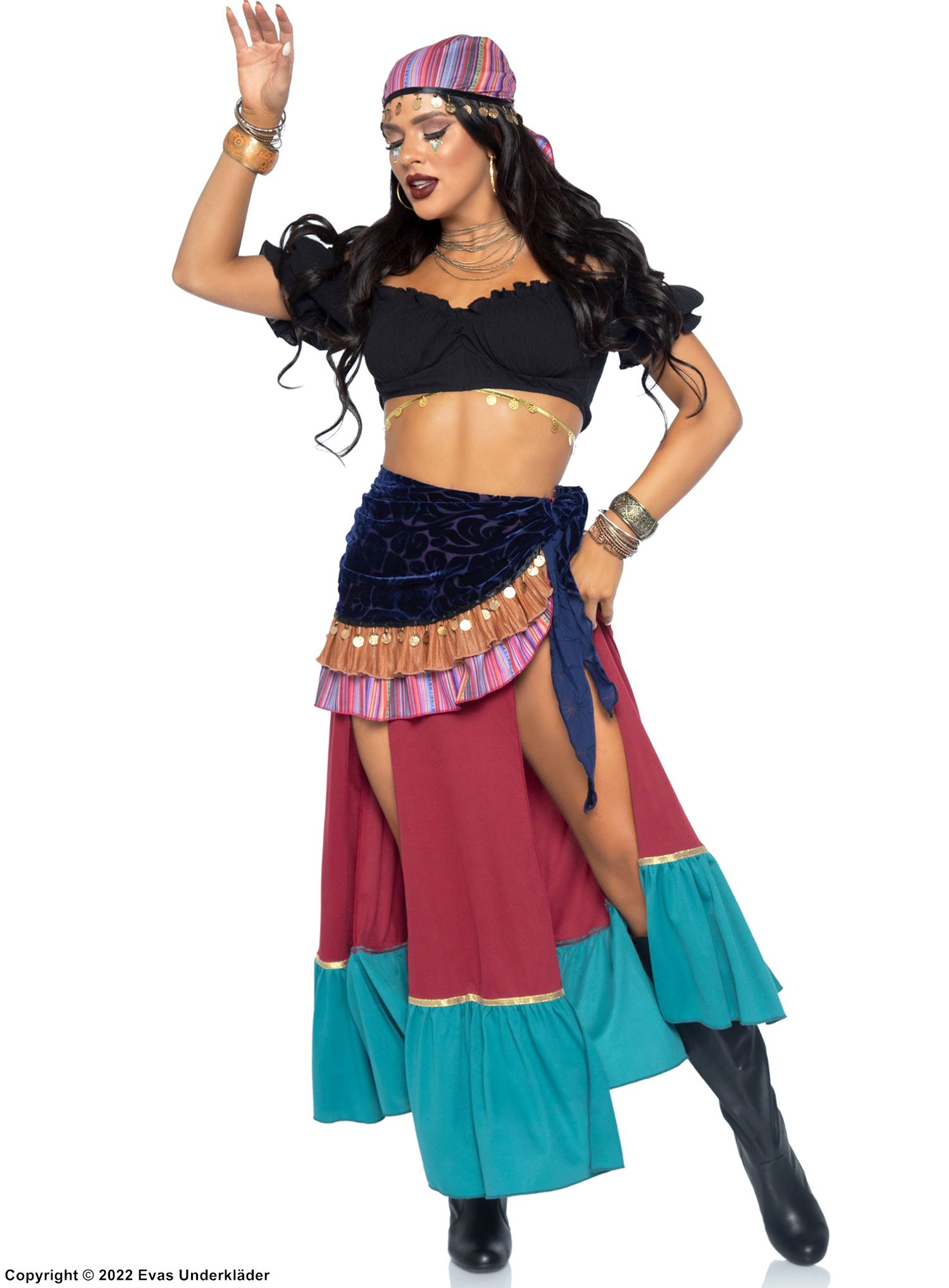 Gypsy princess, top and skirt costume, ruffle trim, high slit, off shoulder, coins
